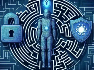 "FiscalNote article image illustrating the intersection of AI, privacy, and cybersecurity in tech policy, featuring a digital landscape and symbolic icons representing technology and data security."