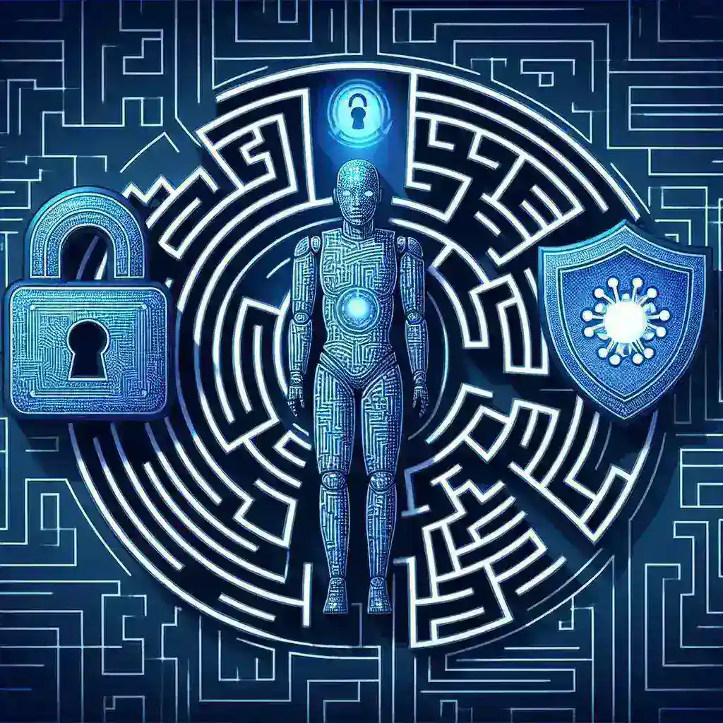 "FiscalNote article image illustrating the intersection of AI, privacy, and cybersecurity in tech policy, featuring a digital landscape and symbolic icons representing technology and data security."